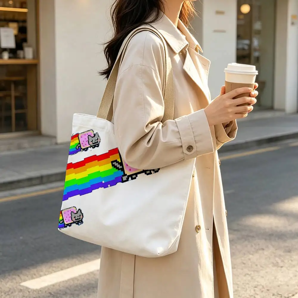 Cute N-Nyan Cat Hot Print Canvas Tote Bag Handbag For Daily School Commute Casual Shoulder Bag