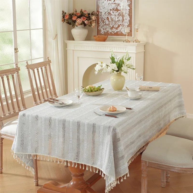

2025 new comfortable cotton and linen dining table coffee table cloth rectangular hollow model jacquard tablecloth cover towel
