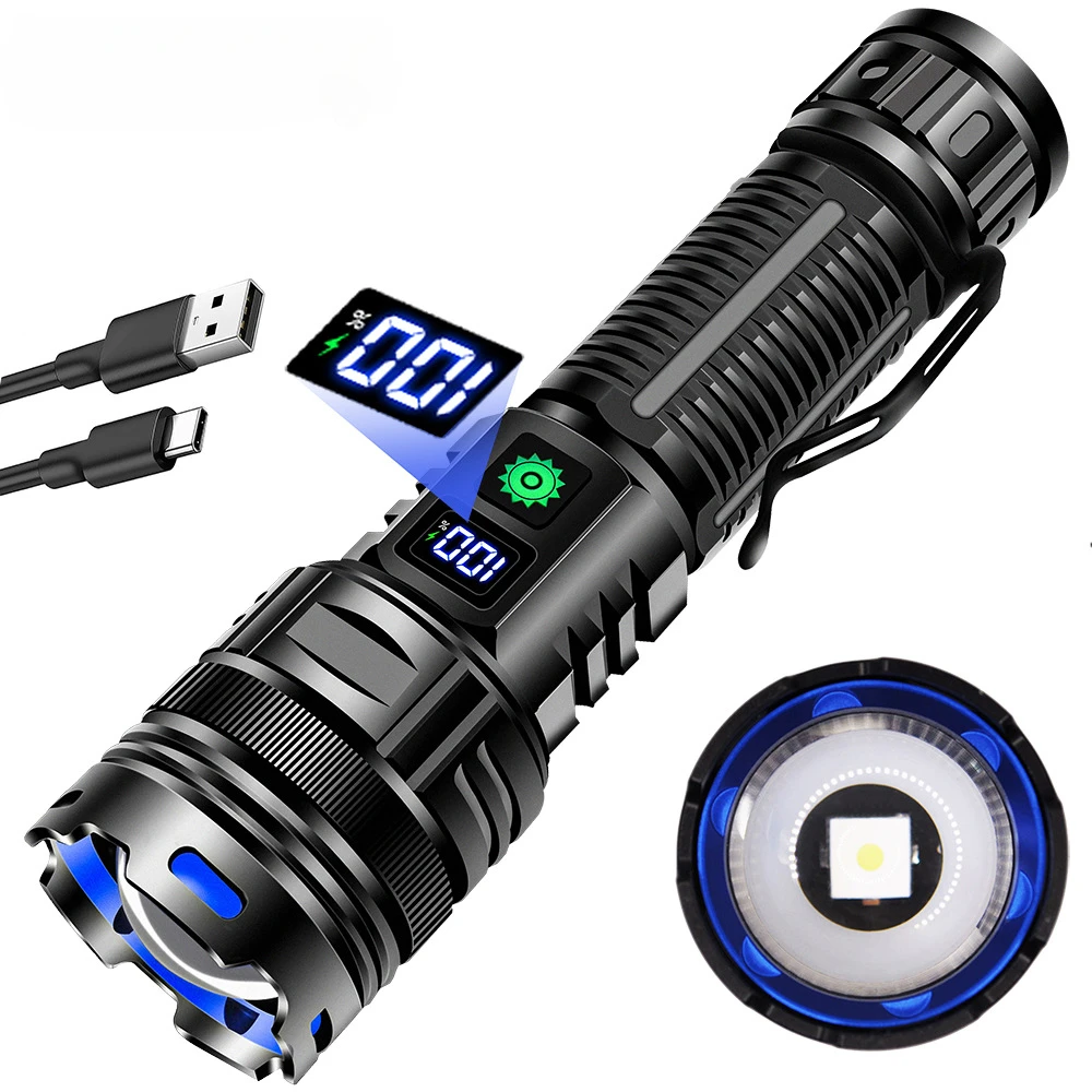 

Powerful Spotlight Long Range LED Flashlight Type-C Charging Output Zoom Aluminum Alloy Tactical Torch For Camping hunting