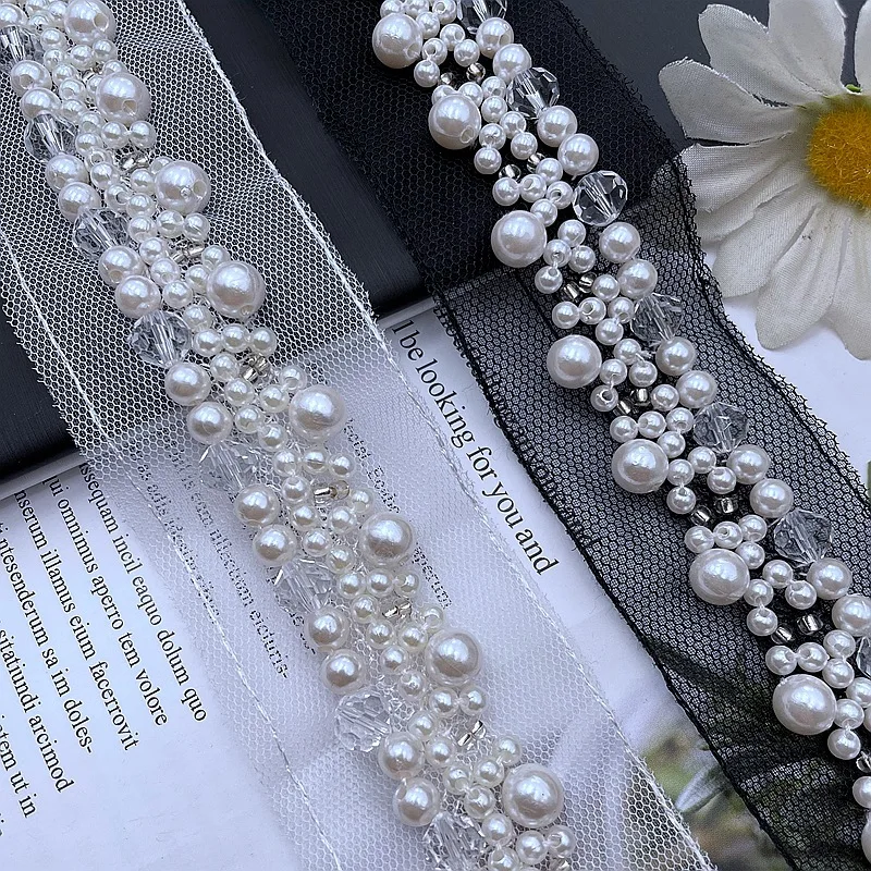 

5.8Yards/Piece Handmade Beaded Lace Trim 4cm Wide Pearl Sewing Lace For Wedding Dress Crafts Clothing Accessories