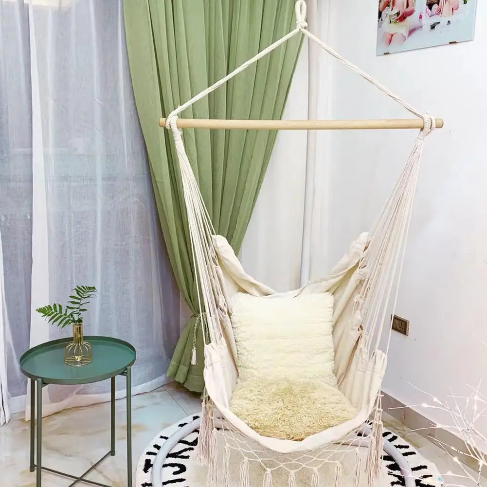 Safety Beige Swing Hammock Chair Cotton Rope Net Bohemia Style Tassels Hanger Portable Bedroom Indoor Garden Tree Hanging Chair