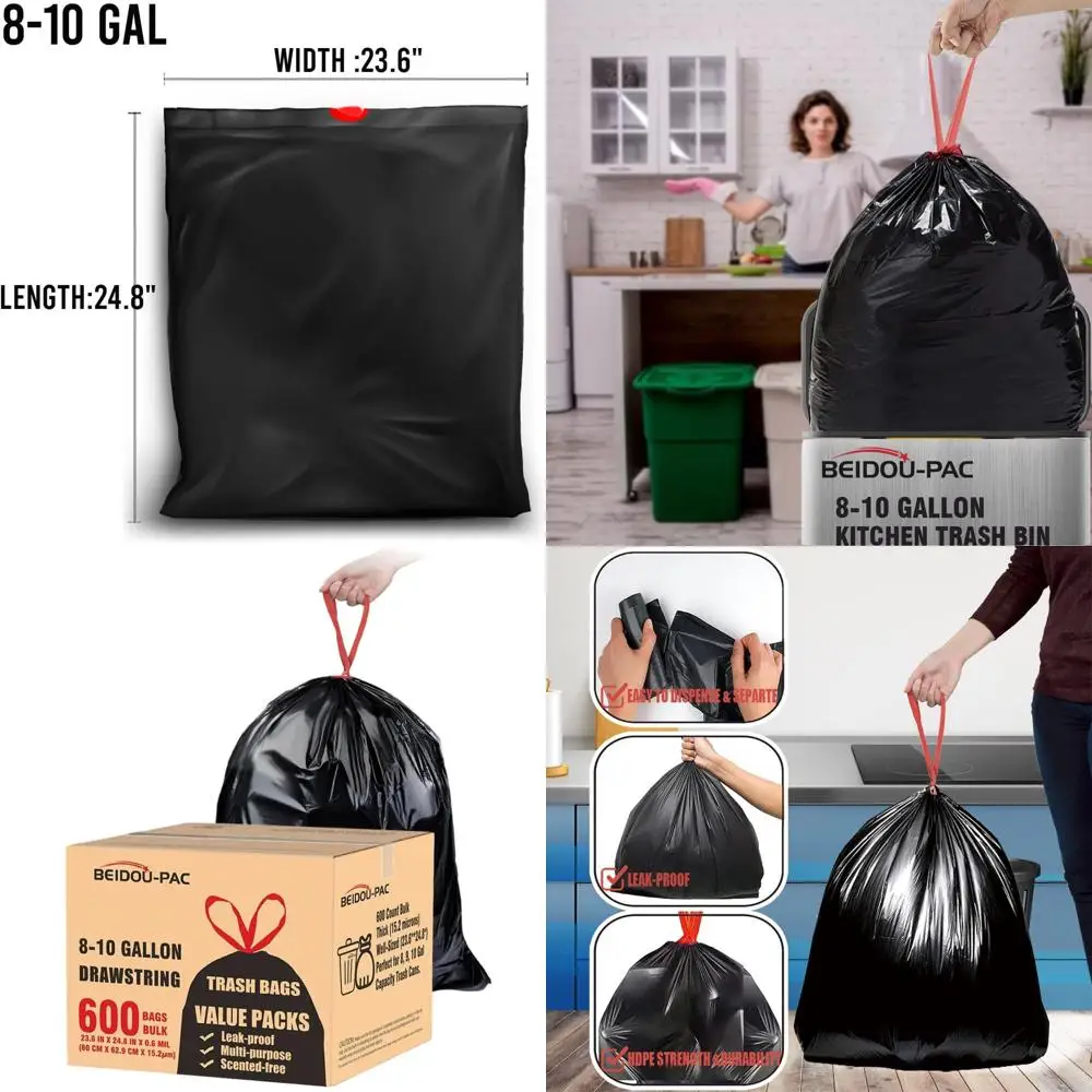 

600 штук, черные мешки для мусора без запаха, объемом 8-10 галлонов, для дома, кухни и промышленного использования