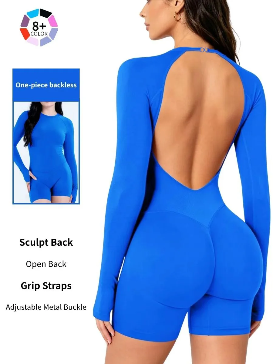 Women Long Sleeve Backless Yoga Jumpsuit Adjustable Metal Buckle Tummy Control Hip Lifting Workout Short Romper Gym Fitness Spor