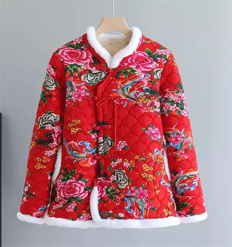 Northeast Big Flower Cotton Coat Women's 2024 Autumn Winter New Mom Pan Button Chinese Wind Floral  Fleece Jacket Outerwear K036