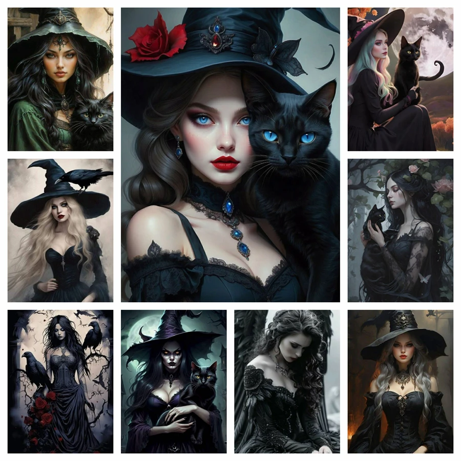 

5D DIY AB Diamond Painting Kits New 2024 Embroidery Mosaic Magic Witch Black Cat Art Crosss Stitch Home Decor Craft Gift