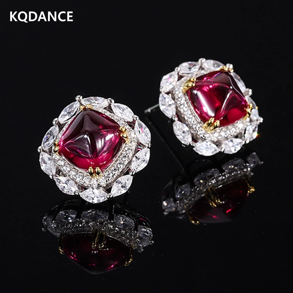 KQDANCE Women Lab Gemstone Diamond Red Green Stone Sugar-loaf Cut Emerald Ruby Stud Earrings 925 sterling Silver Fine Jewelry