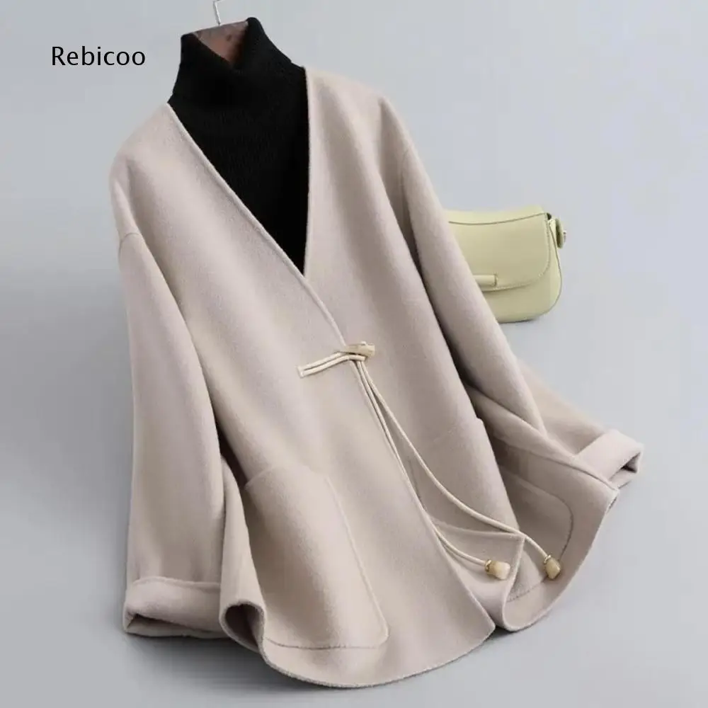 Female Autumn Winter V Neck Loose Wool Blend Jacket Pocket Detail Decorative Knot Button Three Quarter Sleeve Outer Garment