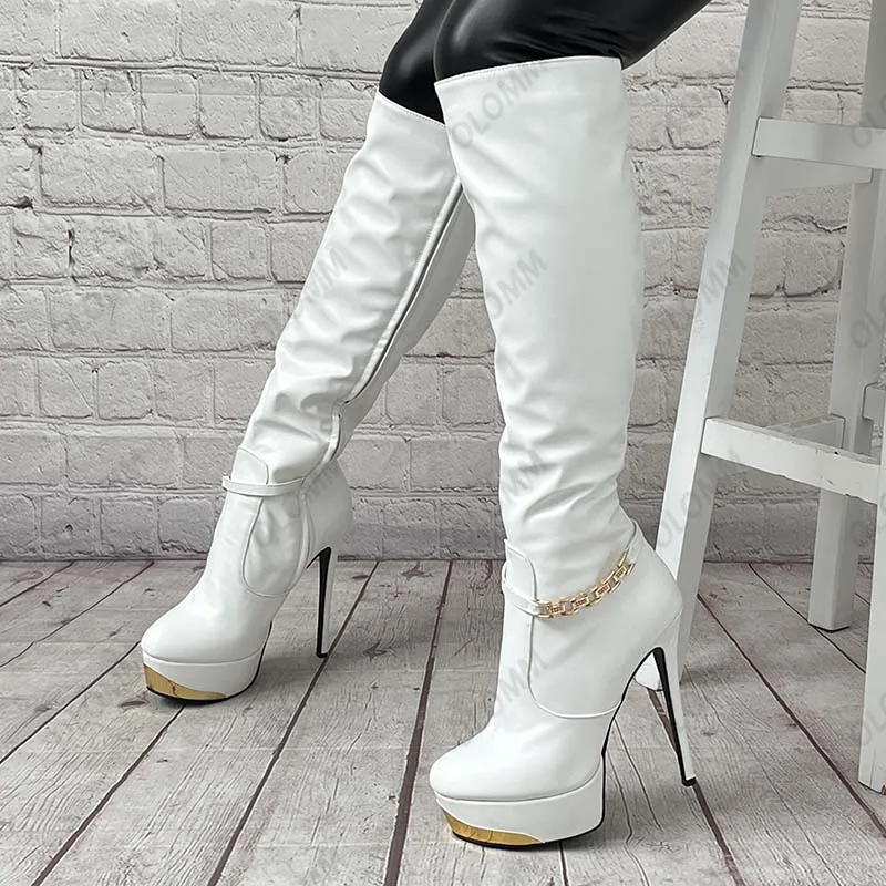 Olomm Handmade Women Winter Platform Knee Boots Sexy Stiletto Heels Round Toe Pretty White Party Shoes Plus US Size 5-20