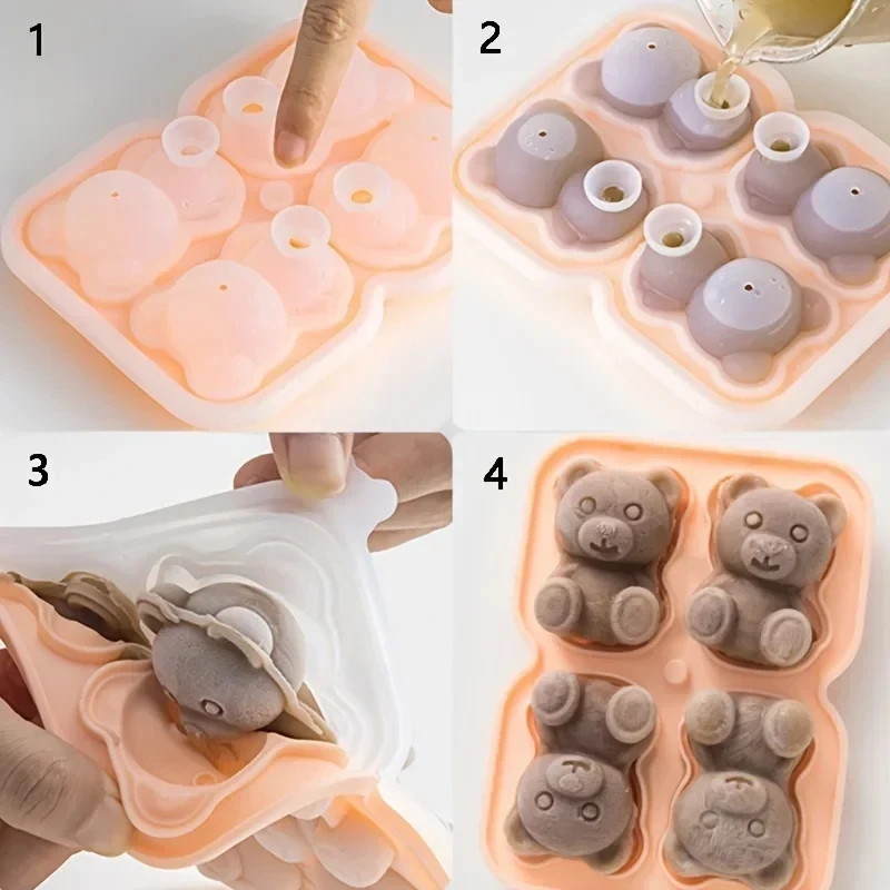 4 Grid 3D Teddy Bear Shape Ice Cube Silicone Mold Silian Little Bear Ice Block Mold Household Ice Cream Ice Box Bar Tool