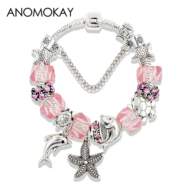 5 Colors Ocean Starfish Dolphin Bead Bracelet DIY Crystal Charm Bracelets & Bangles Fashion Jewelry Gift