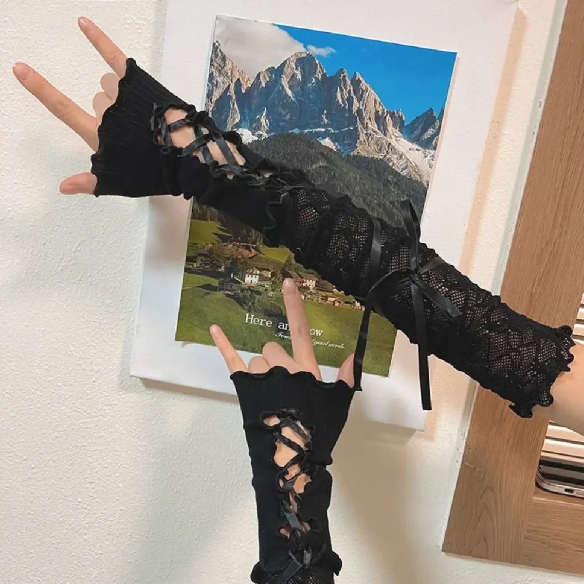النساء لوليتا Jk الدانتيل أصابع قفازات الأسود القوطية DIY بها بنفسك الربط واقية من الشمس كم الملابس والاكسسوارات شبكة مطاطية قفازات فاسق