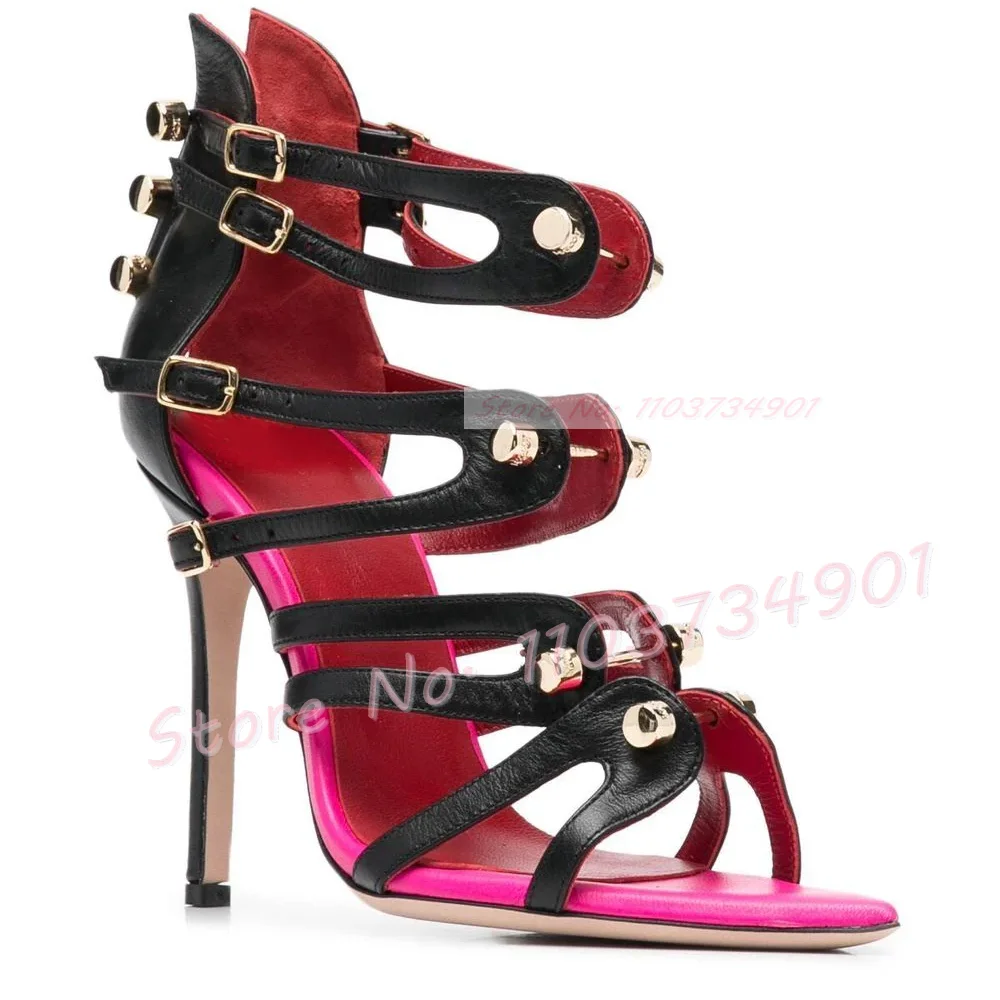 Metal Rivets Stiletto Sandals Lady Belt Buckle Pointy Toe Sandals Women Fashion Open Toe Sexy Chic Elegant Party Big Size Shoes