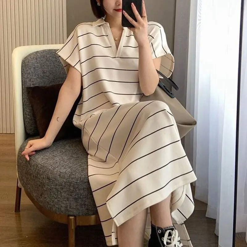 

Commute Korean Striped Midi Dress Women's Clothing Turn-down Collar Summer Fashion Spliced Short Sleeve Basic Straight Dresses