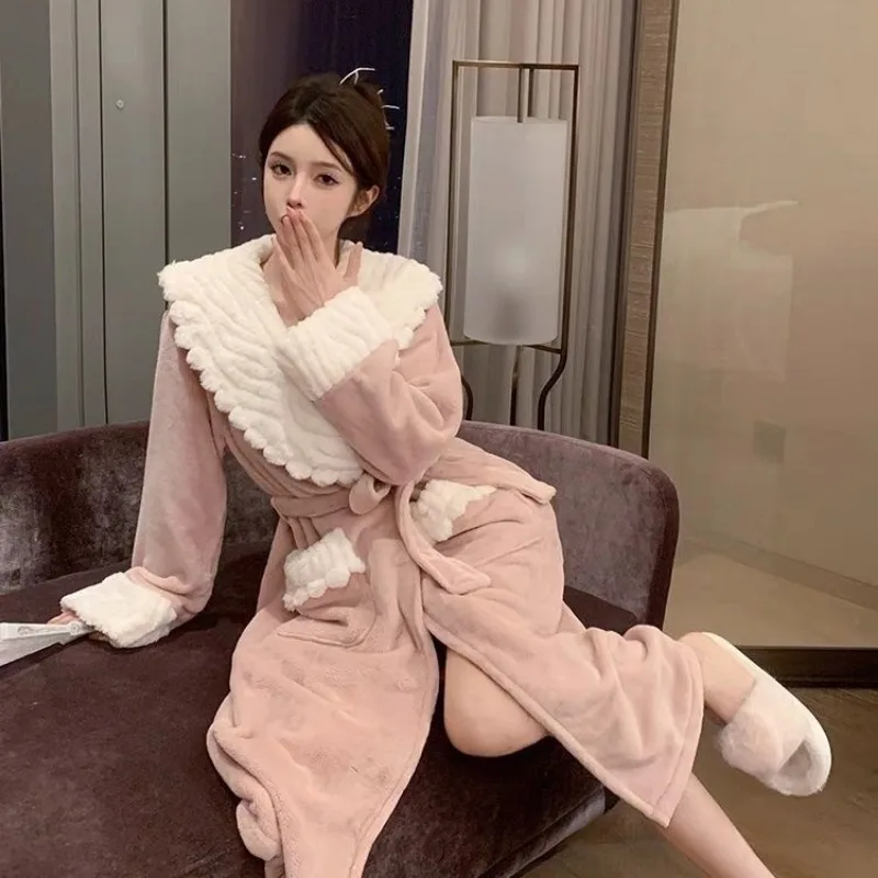 Nightgown Women Pajamas Women Plus Velvet Thickening and Lengthening Coral Velvet Coral Velvet Bathrobe Autumn Winter Home Wear
