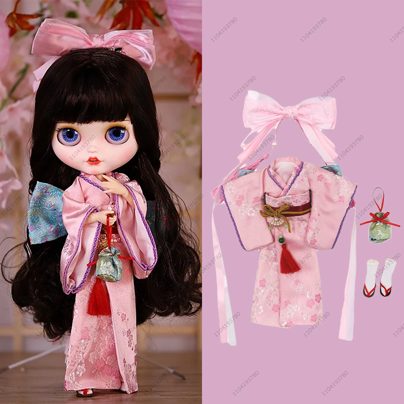 

Blyth Doll 19 Joints Body 30CM 1/6 Doll Clothes Azone Pink Japan Kimono Sweet Girl Embroidery Kimono Suit Gift Toy