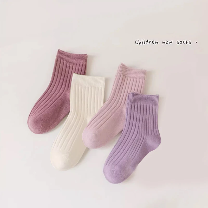 4 Pairs Kid Girls Mid-Calf Socks Set - Color Solid & Classic Striped Design - Soft Skin-Friendly Casual Cozy Elegant Girls Footw