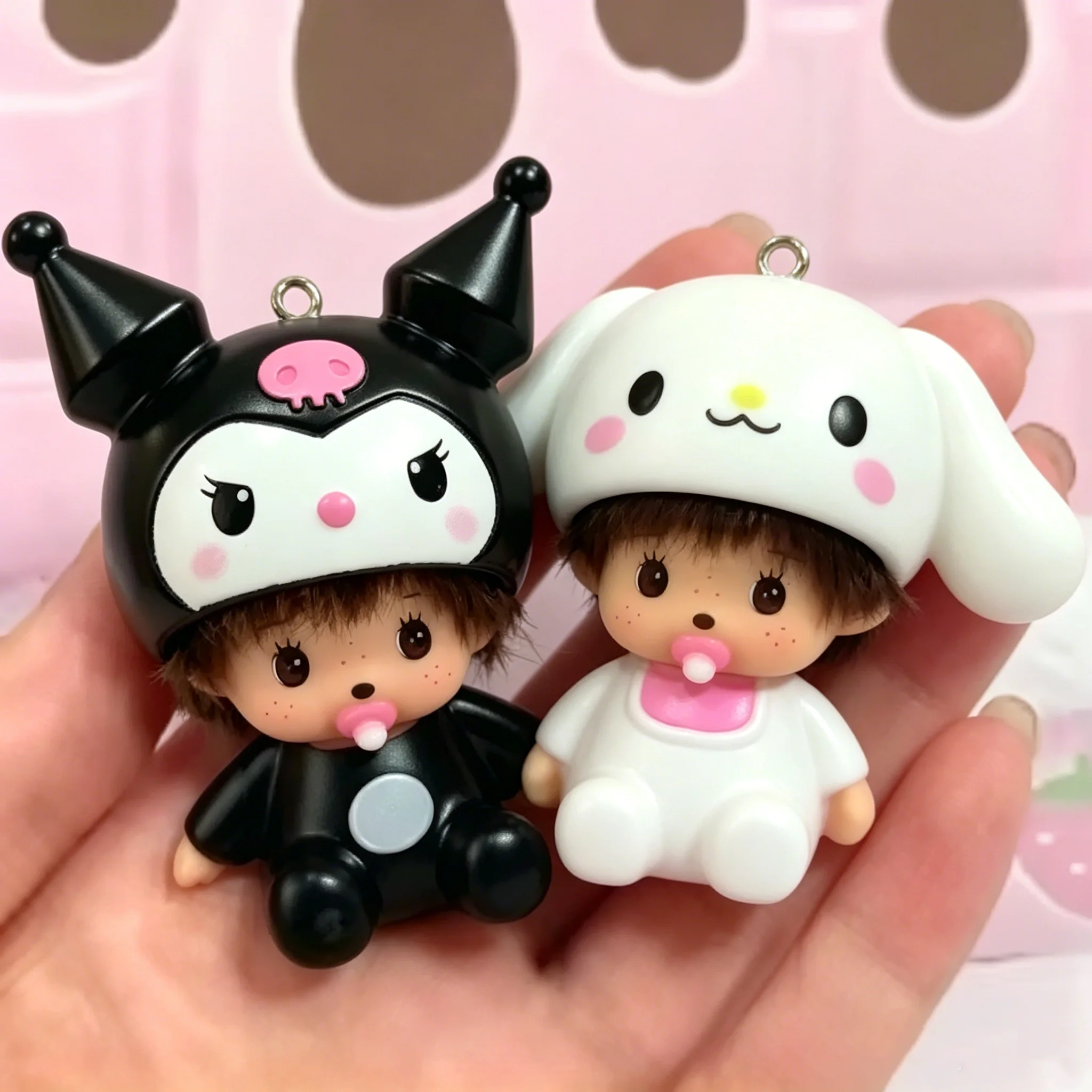 NEW Cute Kuromi Melody Hello Kitty Monchhichi Doll Keychain TPR Material, Cartoon Pendant Bag Charm Lovely Gift for Girls