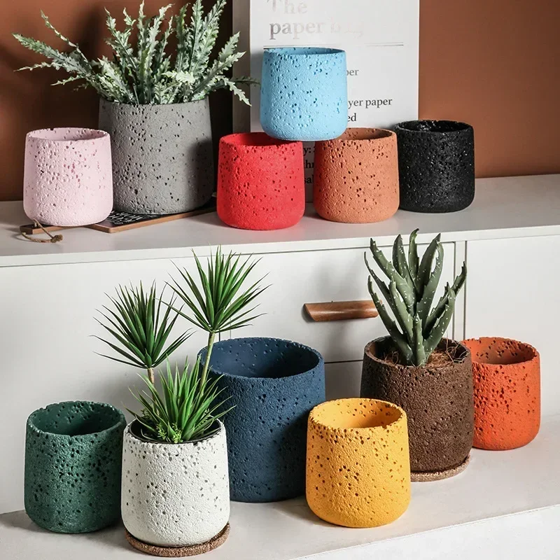 Nordic Cement Flower Pot Decoration Creative Mountain Stone Breathable Green Plant Potted with Tray