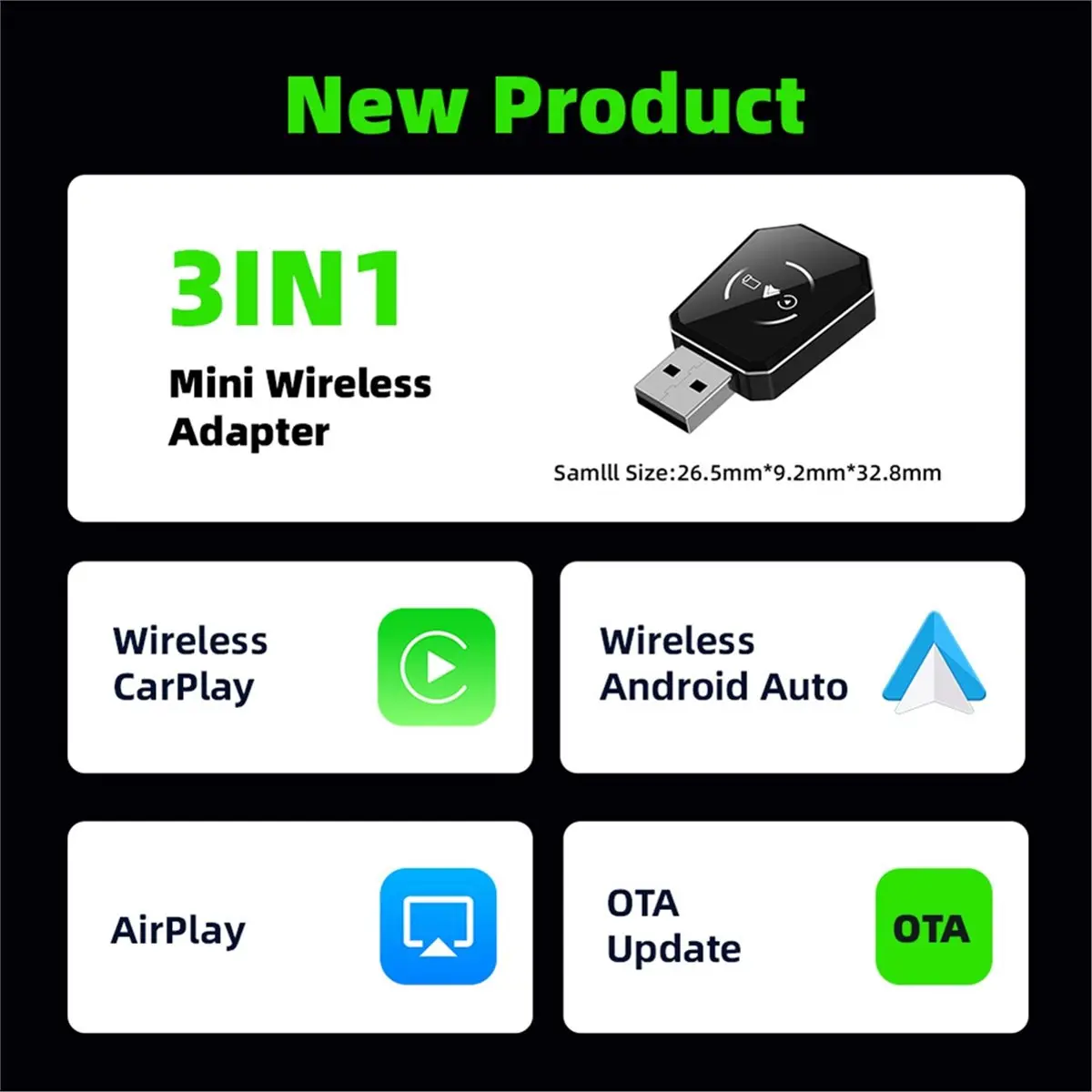 T253C Tools-3in1 Wireless Carplay Adapter Smart CarPlay/Android Auto/AirPlay USB Dongle Bluetooth5.2 Wired CarPlay to Wireless