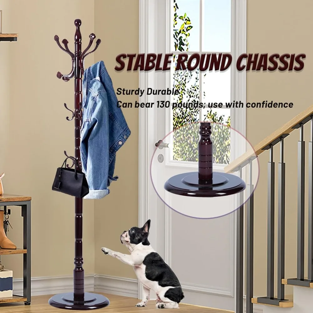 رف معطف شجرة قائم بذاته بارتفاع قابل للتعديل للمنزل وغرفة النوم - قاعدة خشبية مستديرة ثابتة