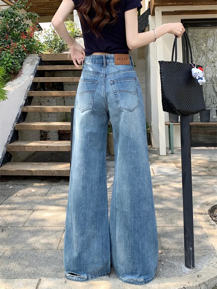 

Retro American Blue Washed Jeans Women's Summer Small Size Straight Leg High Waist Wide Leg Pants Floor-Length Trousers