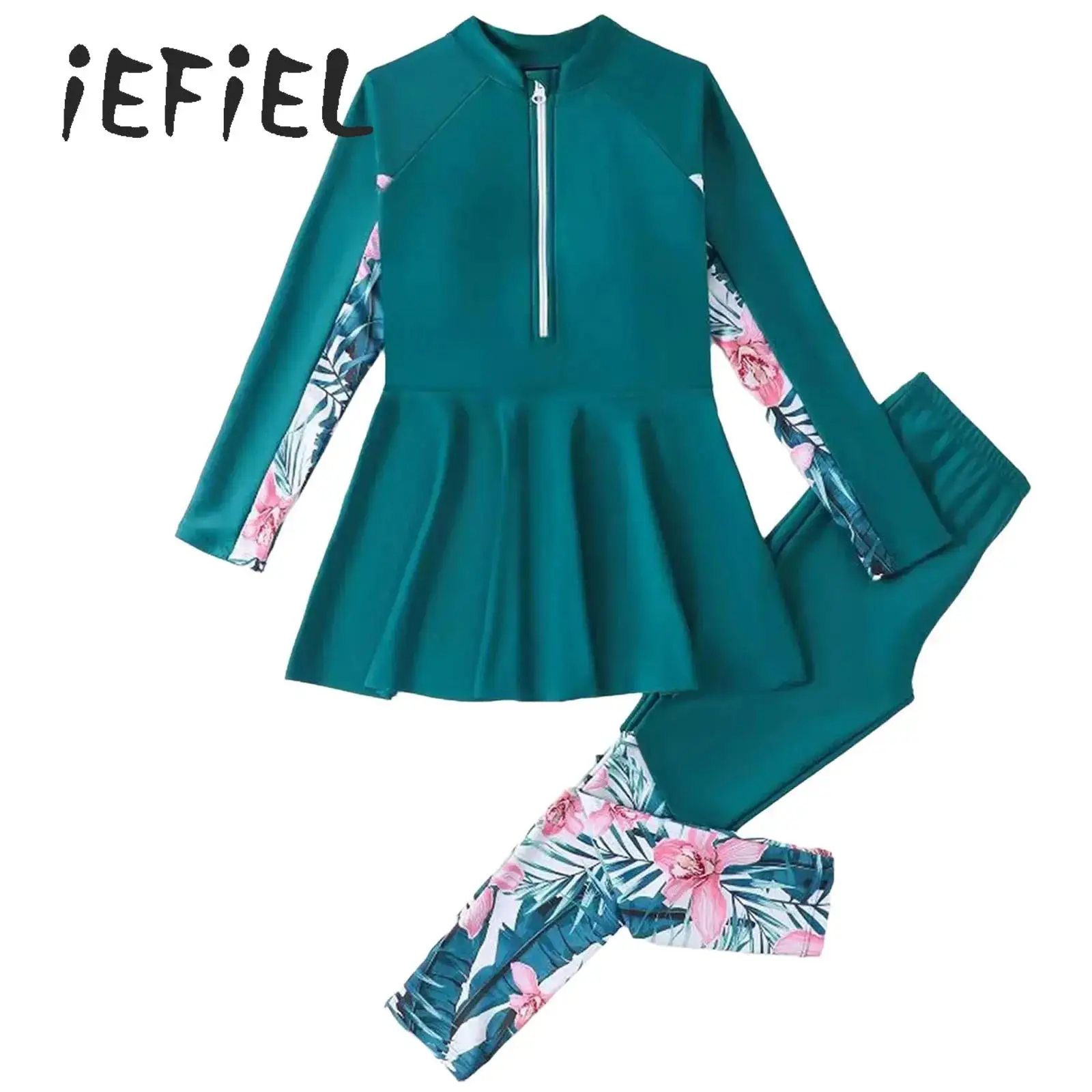 

Teen Girls Rash Guard 2 Piece Swimsuit Long Sleeve Zip Swim Dress and Leggings Pants Flower Swimwear Full Cover Bathing Suit