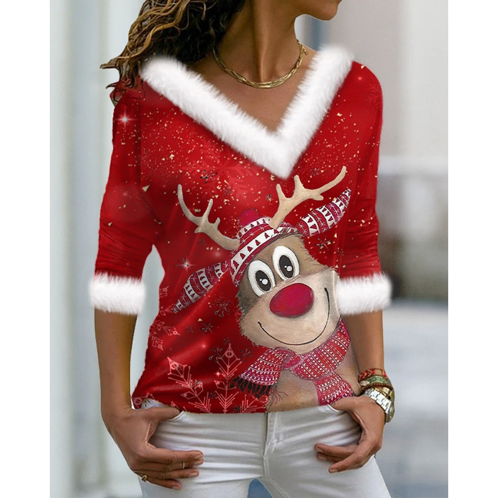 

Christmas Women Elk Print Contrast Fluffy V Neck Three Quarter Top Fashion Femme Casual Winter Lady Long Sleeve Festival T Shirt