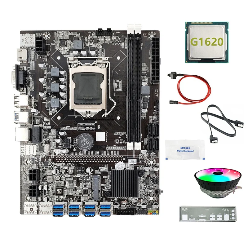 B75 8USB ETH Mining Motherboard+G1620 CPU+Fan+Switch Cable+SATA Cable+Baffle+Thermal Grease B75 BTC Miner Motherboard