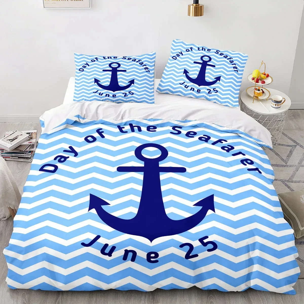 Ship Anchor Nautical Bedding Sets Ocean Blue Sea Wave Polyester Quilt Cover Pillowcases Double Twin Queen King Duvet Cover