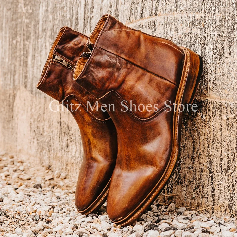 Western Brown Staining Ankle Men\'s Boots Classical Genuine Leather Zipper Vintage Handmade Outdoors Winter Short Booties Men