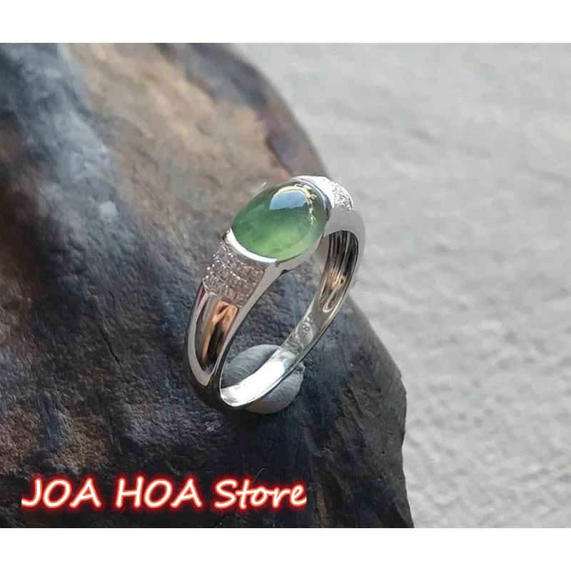 Natural Jade Oval Egg Surface Smooth Opening Adjustable Ring Retro Creative Light Luxury Charm Lady Silver Jewelry