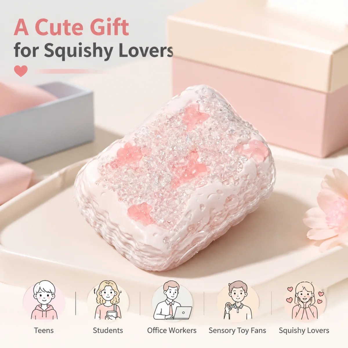Food Grade Sparkly Crystal Pastry Squishy Toy Pink Cherry Decor Soft Squeeze Toy Slow Rebound Stress Relief Fidget Toy