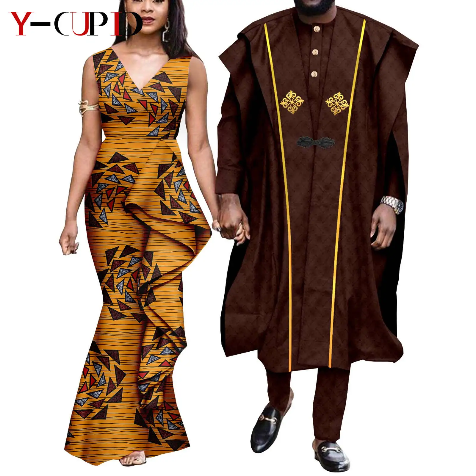 

Dashiki Couple Clothes African Print Dresses for Women Matching Men Outfits Bazin Riche Agbada Outwear Wedding Attire 24C006