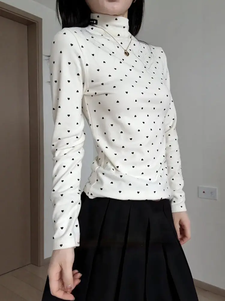 Polka Dot Flocking Half High Collar Long Sleeve Slim Fit Base Shirt Women Autumn Winter Inner Wear Anti Aging T Shirt