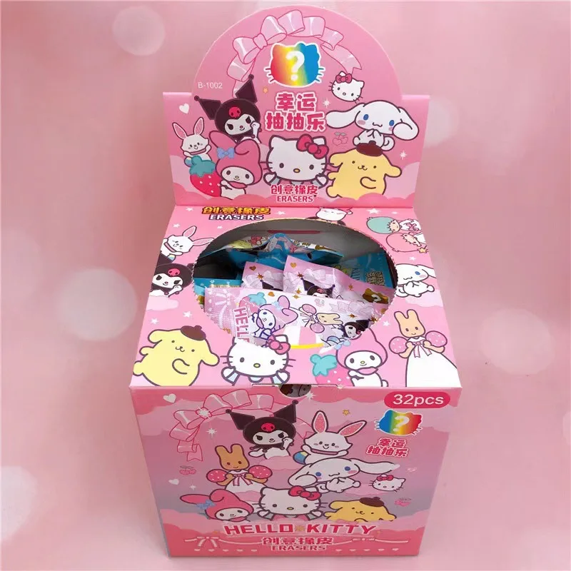 Caja ciega Sanrio de 32 piezas, borrador de muñeca de dibujos animados, Hello Kitty, My Melody, Kuromi, caja misteriosa, papelería para estudiantes, regalo de cumpleaños