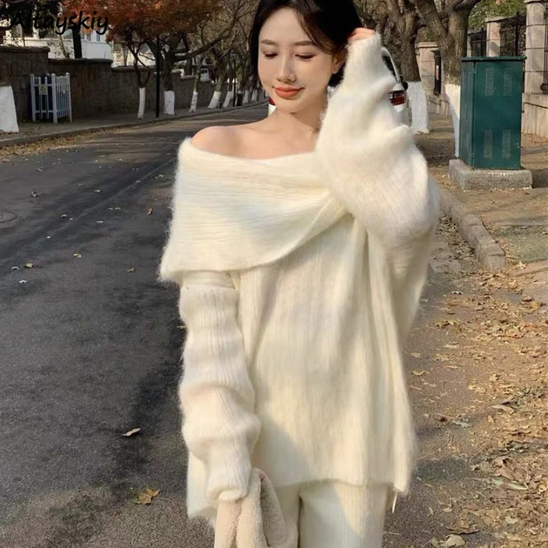 

Slash Neck Cozy Winter Baggy Pullovers Women Vintage Sweet Pure Gentle Korean Style Leisure New Design Harajuku Sweaters Popular