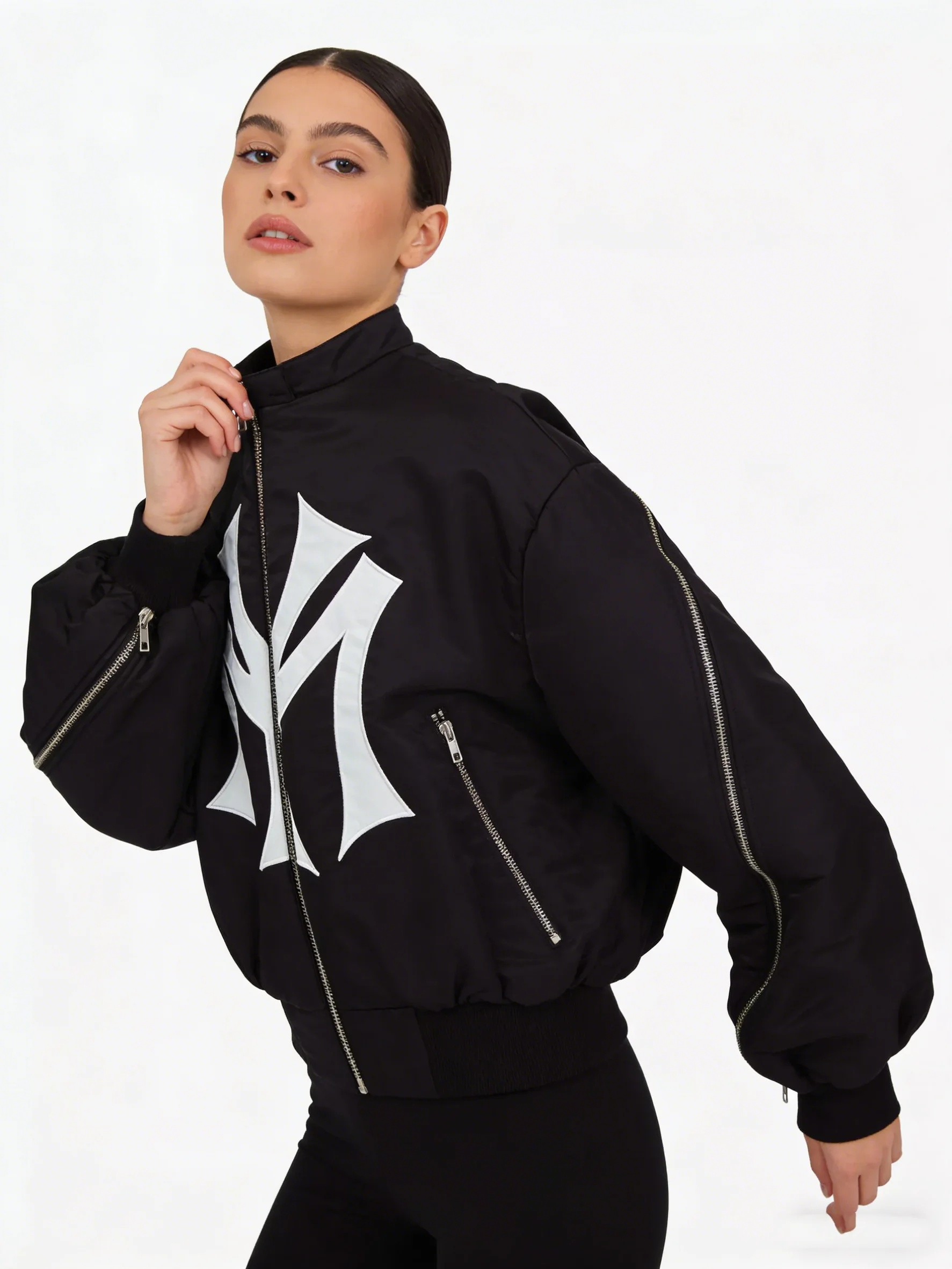 Übergroße NY-Grafik-Jacke mit Stehkragen, mehreren Reißverschlüssen, Vintage-Streetwear, wattierter Mantel, Y2K Hip-Hop Casual Moto – Detail 12