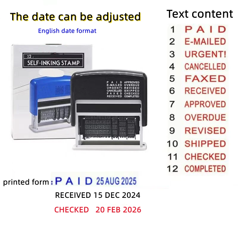 Samonakręcający się znaczek tekstowy z regulacją daty, PARA / ODBIERZANY / CANCELLOWANY / CHECKED / KOMPLETOWANY, wygraweruj pieczątkę w formie