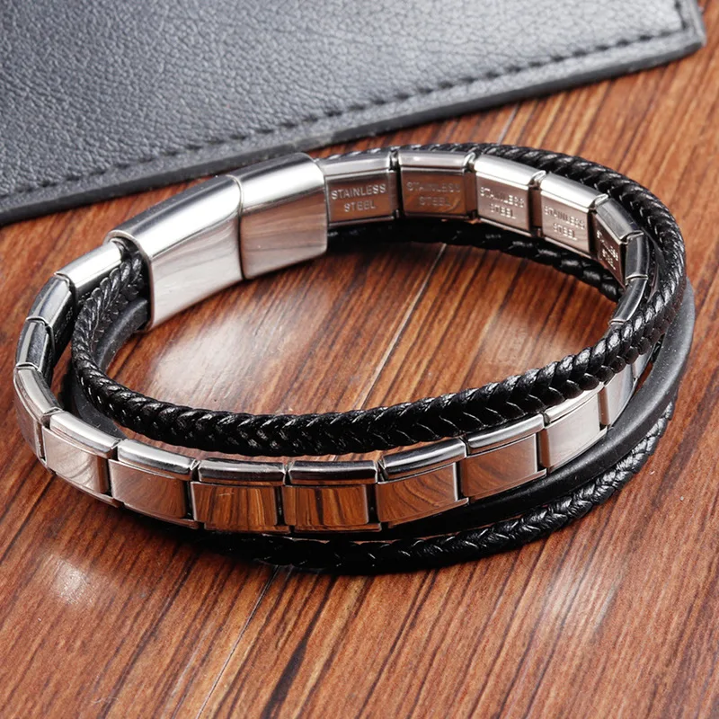 Mens Black Leather Braided Bracelet Double Layer Stainless Steel Clasp Handmade Multi Strand Genuine Cowhide Wristband Chain