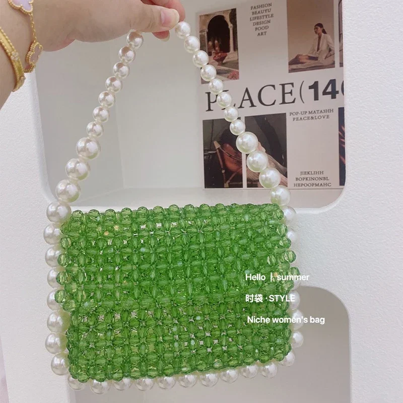 

Acrylic Green Beaded Pearl Splice Design Flip Handbags for Women New Fashion INS Handmade Crystal Women's Bag Customization