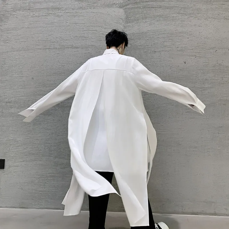 

Asakura Dark Wind Long Sleeve Men's Shirt Loose Fit Asymmetric Design Knee-Length Coat Polyester Fiber Youth Trend Spun Polye...