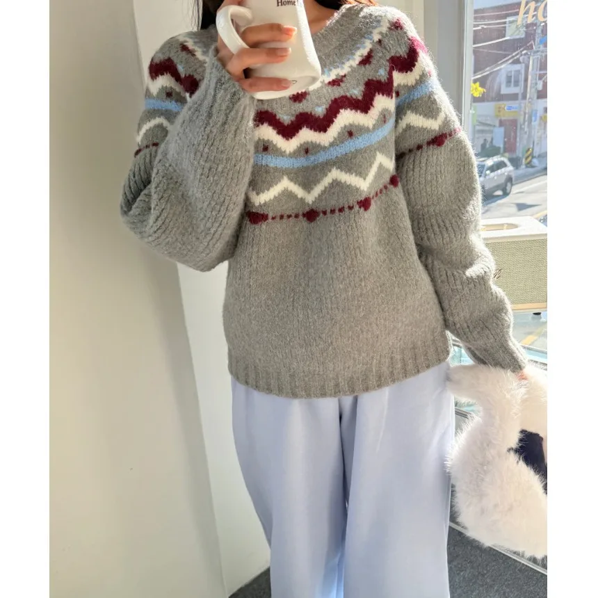 Suéter de punto redondo Ne de alta calidad Fair Isle, Top de punto suelto para mujer, primavera Otoño Invierno, Faion coreano Sle