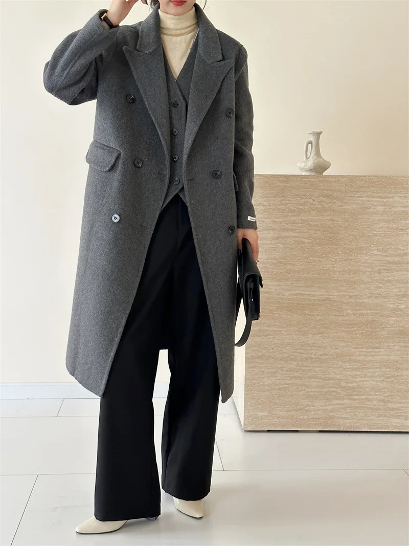 AI NI YA طوق مزدوج الصدر معطف صوفي على الوجهين سترة قطعتين معطف نسائي غير رسمي دافئ للخريف والشتاء