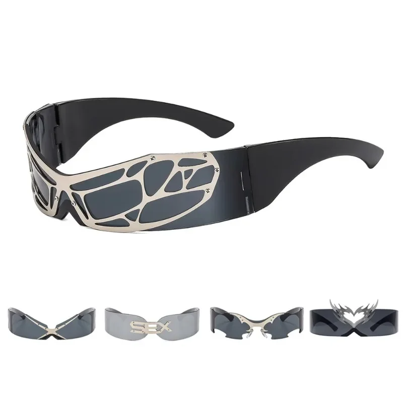 

Y2K Punk Rimless One-Piece Mask Sunglasses Women Men 2025 Luxury Brand Small Frame Steampunk Wrap Around Shield Eyewear Shades