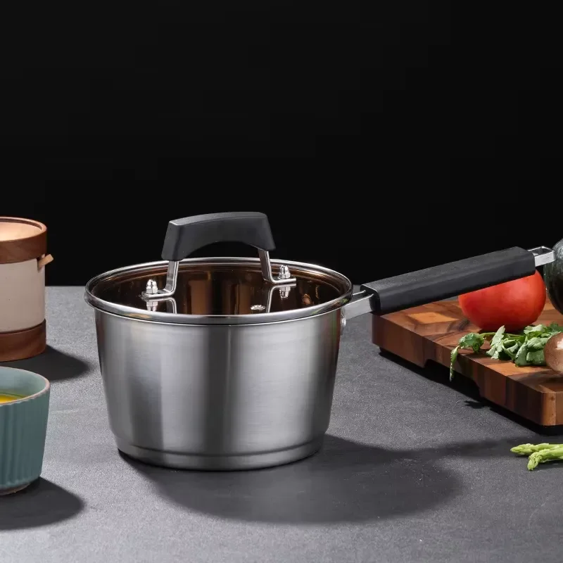Stylish modern stainless steel cookware set with glass cover, easy to clean, non-stick pan, durable, wholesale kitchen