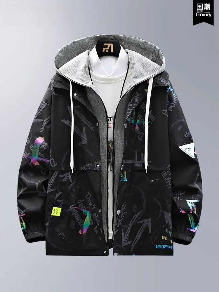 

Loose Fit Men's Jaet Spring 2025 Trendy American High Street Printed Hoodie Fake Two-Piece Outerwear Youthful Dync Sle