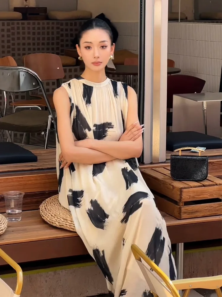 

Ele Summer 2025 Длинный женский шелковый топ с принтом Water-Media Dr Ne Hanging Holiday Dr Высококачественный женский шелковый топ Lazy Sle