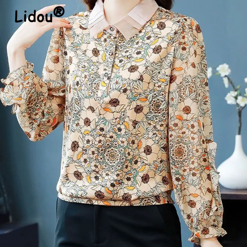 Chiffon Temperament Sleeve Flounce Lace Turn-down Collar Floral Printing Women's Clothing Three Buttons Vintage Oil Painting Top