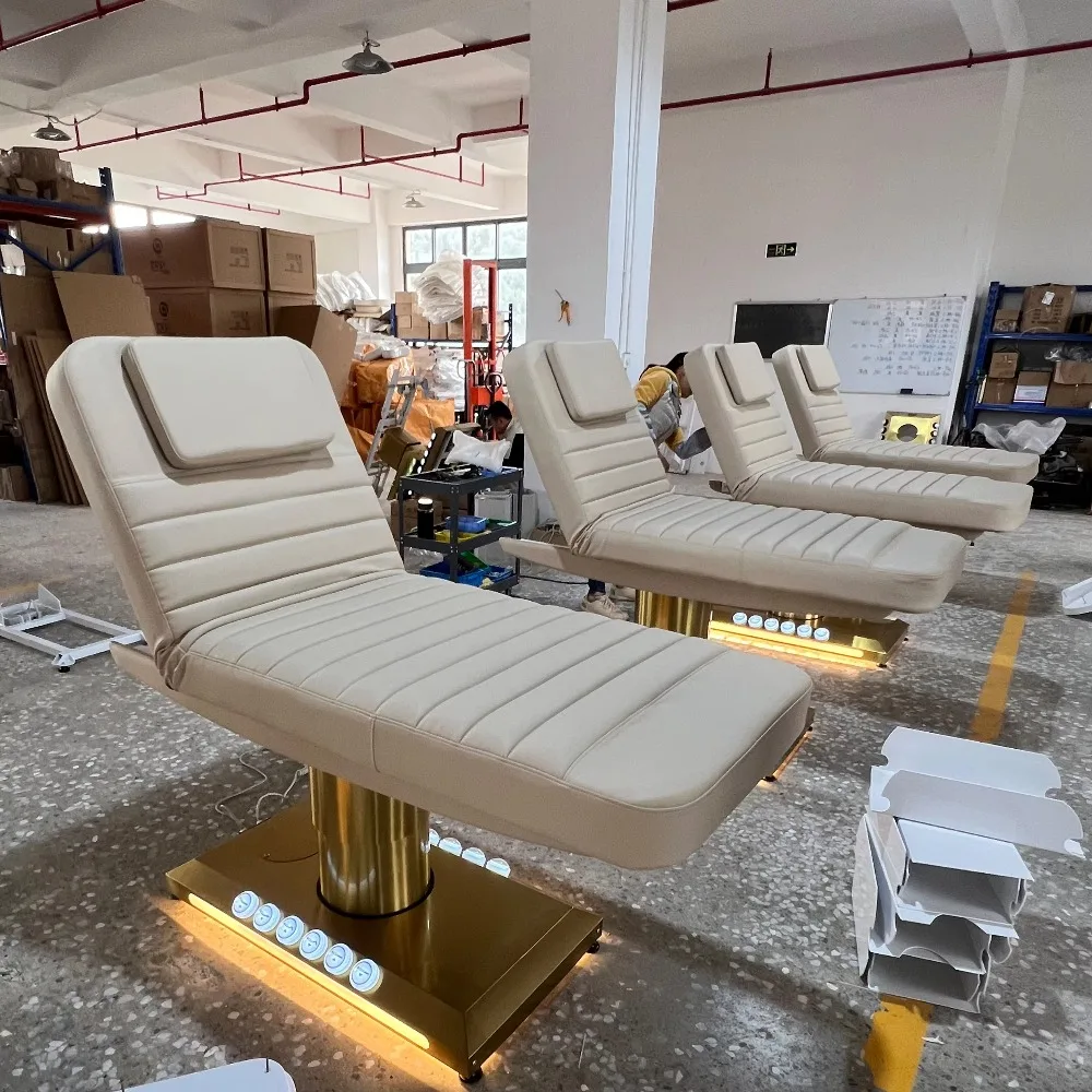 سرير الوجه الكهربائي الاحترافي الفاخر من الفولاذ المقاوم للصدأ باللون الذهبي 3 محركات سبا صالون سرير طاولة تدليك التجميل سرير التجميل #4