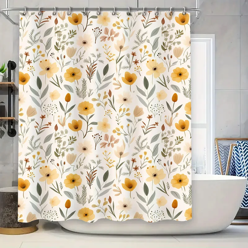 

Классическая занавеска для душа с цветочным принтом, желто-серая акварельная занавеска для декора ванной комнаты